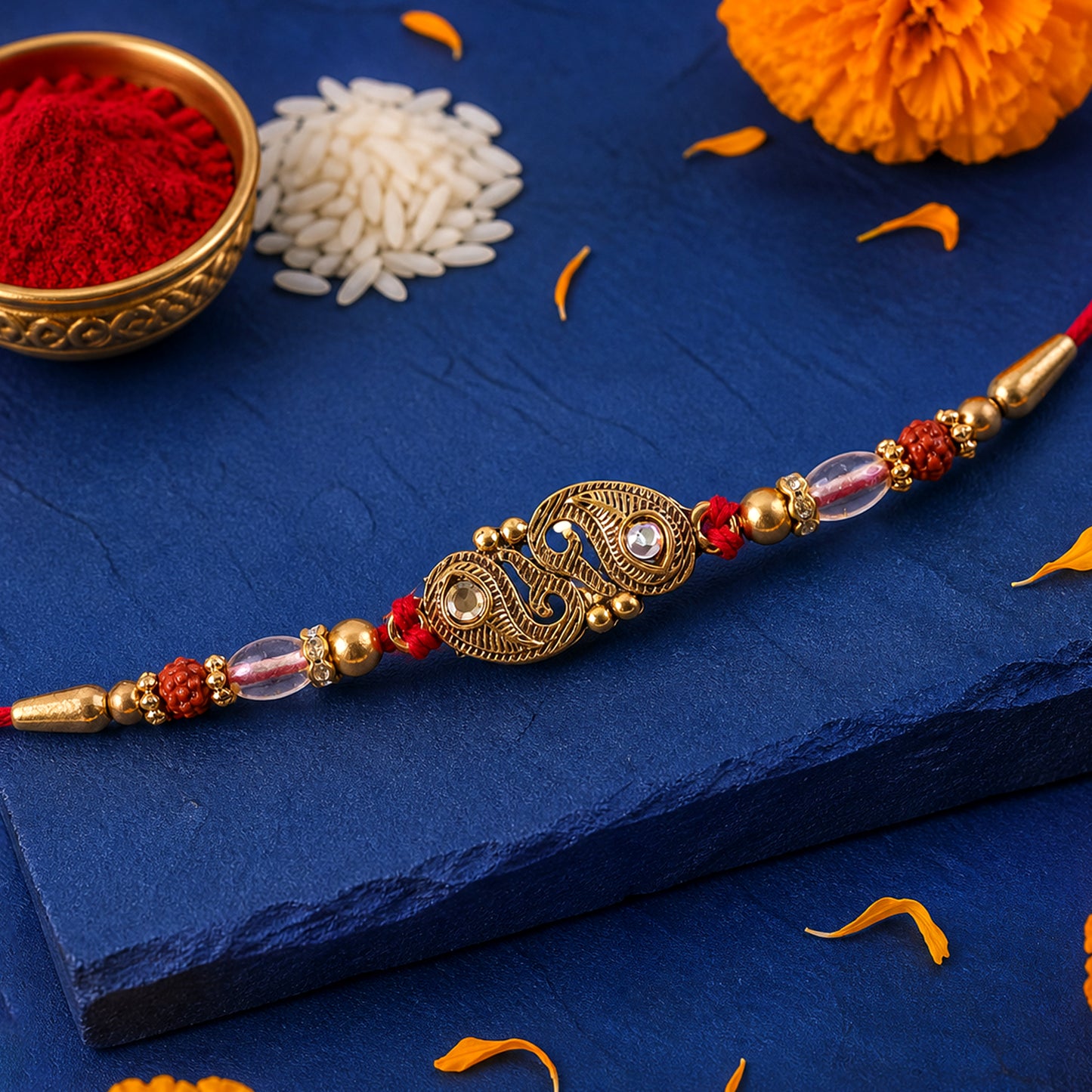 Antique Twin Paisley Kairi Motif Kundan Rakhi with Rudraksha & Crystal Beads