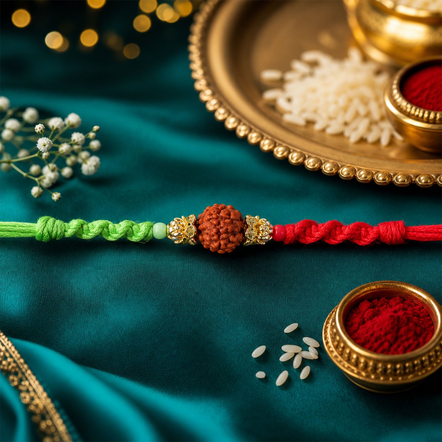 Green Thread Rakhi with Natural Rudraksha Bead and Golden Caps