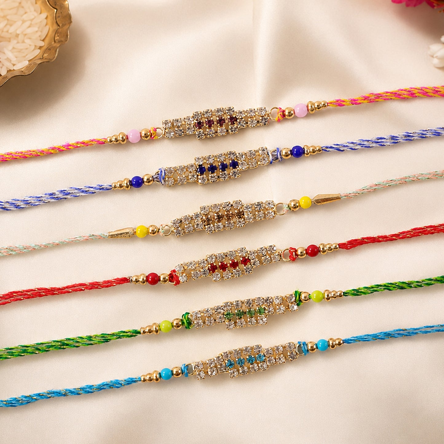 Long Stone Bar Rakhi with Dazzling AD Work for Brother (Pack of 6)