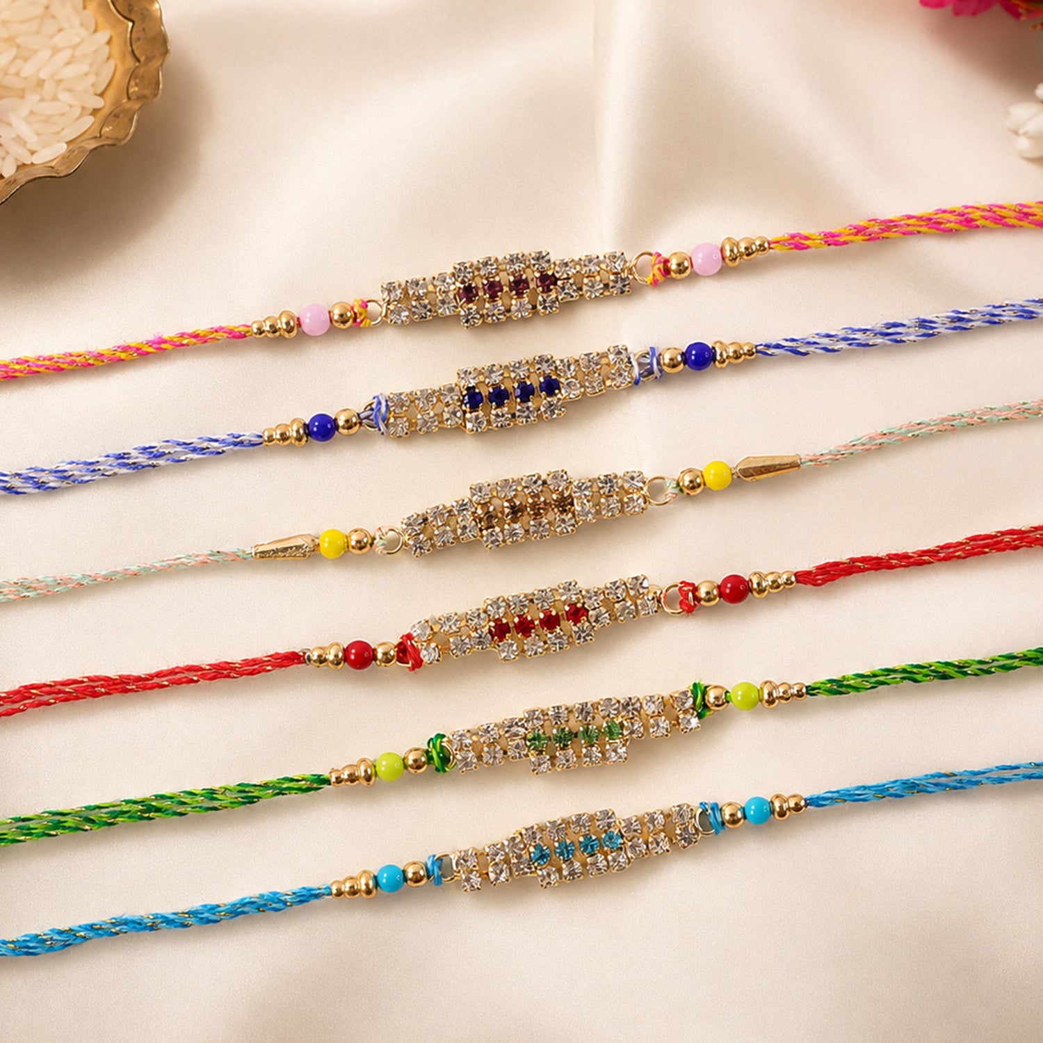 Long Stone Bar Rakhi with Dazzling AD Work for Brother (Pack of 6)