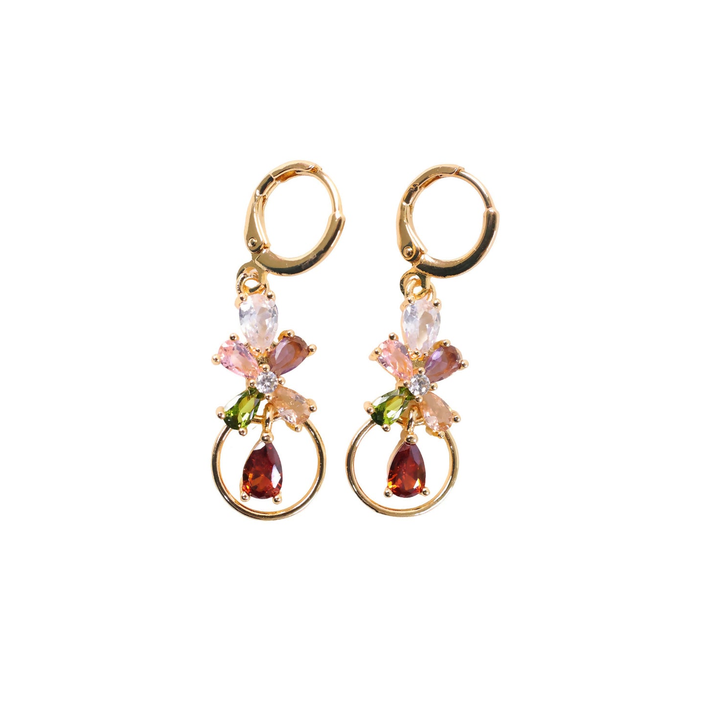 Gold-Tone Multicolor Floral Crystal Hoop Drop Earrings for Women