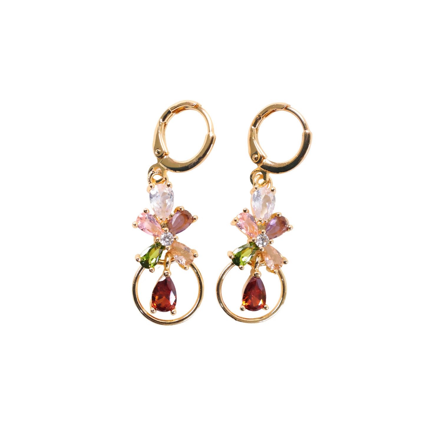 Gold-Tone Multicolor Floral Crystal Hoop Drop Earrings for Women