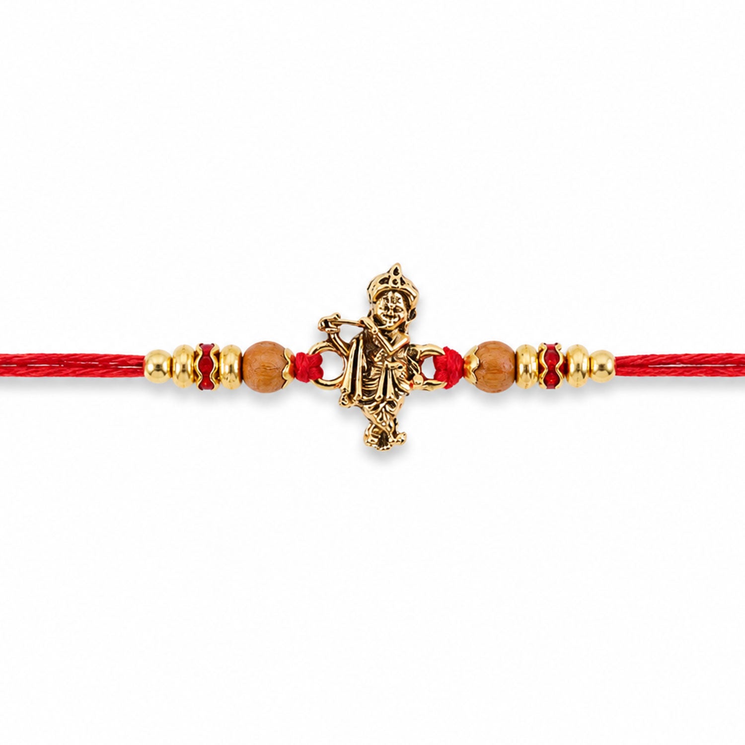 Krishna Flute Idol Devotional Rakhi with Golden Centre, Wooden Beads and Red Thread