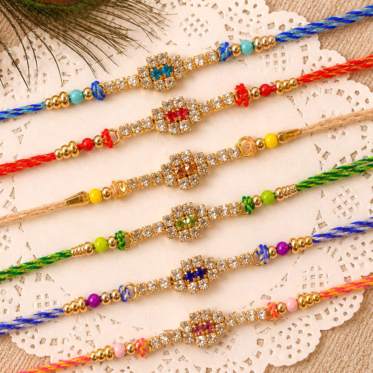 Square Motif Rakhi with Bright Bead Accents for Brother (Pack of 6)