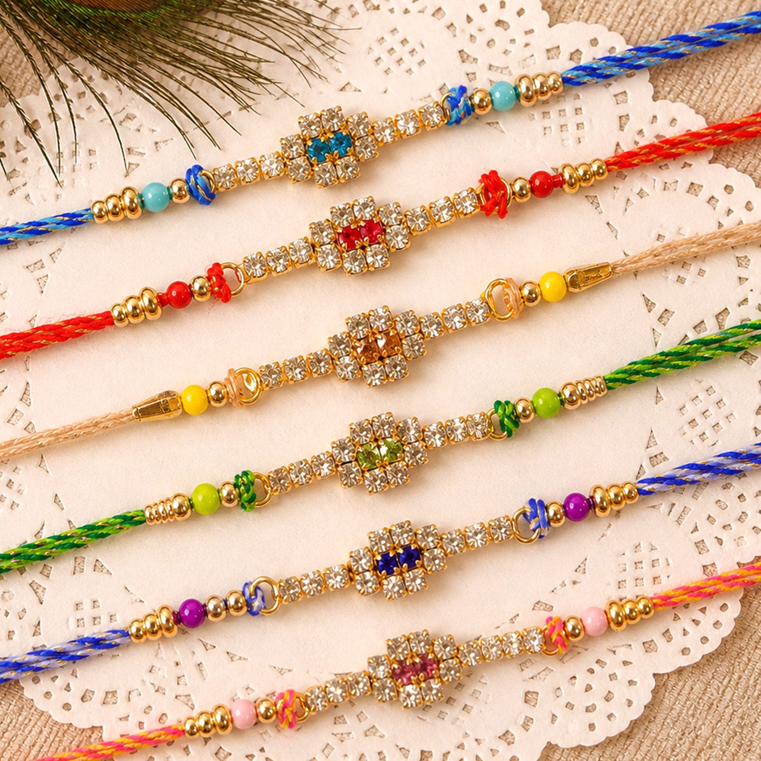 Square Motif Rakhi with Bright Bead Accents for Brother (Pack of 6)