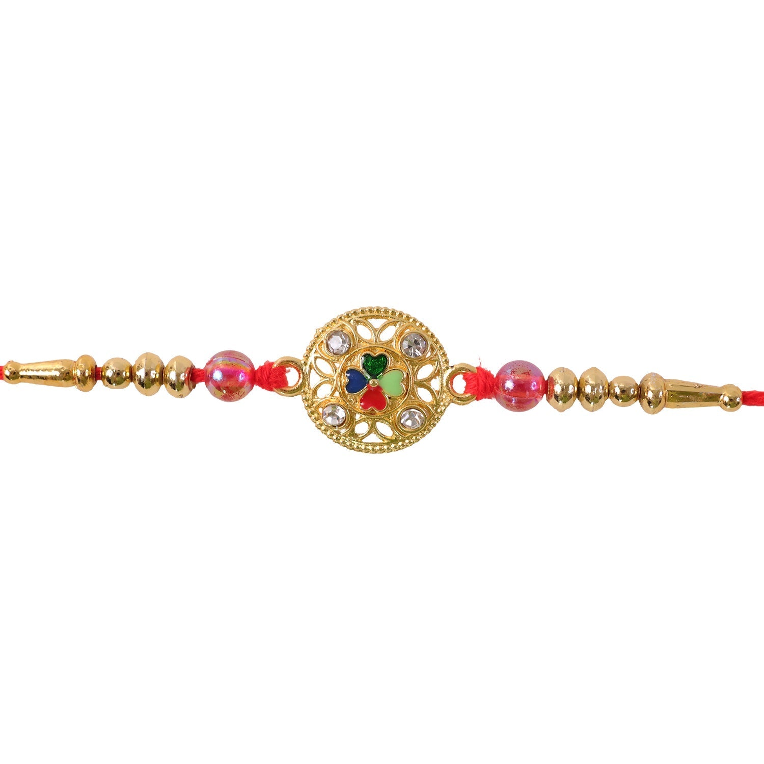 Festive Four-Petal Rakhi with Bright Enamel, Clear Stones and Translucent Beads (10pcs)