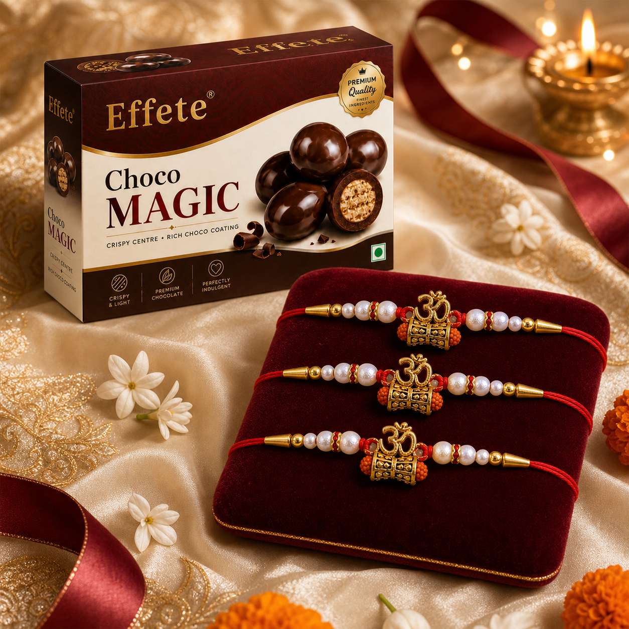 Om Rudraksha Rakhi Set with Choco Magic, Pack of 3