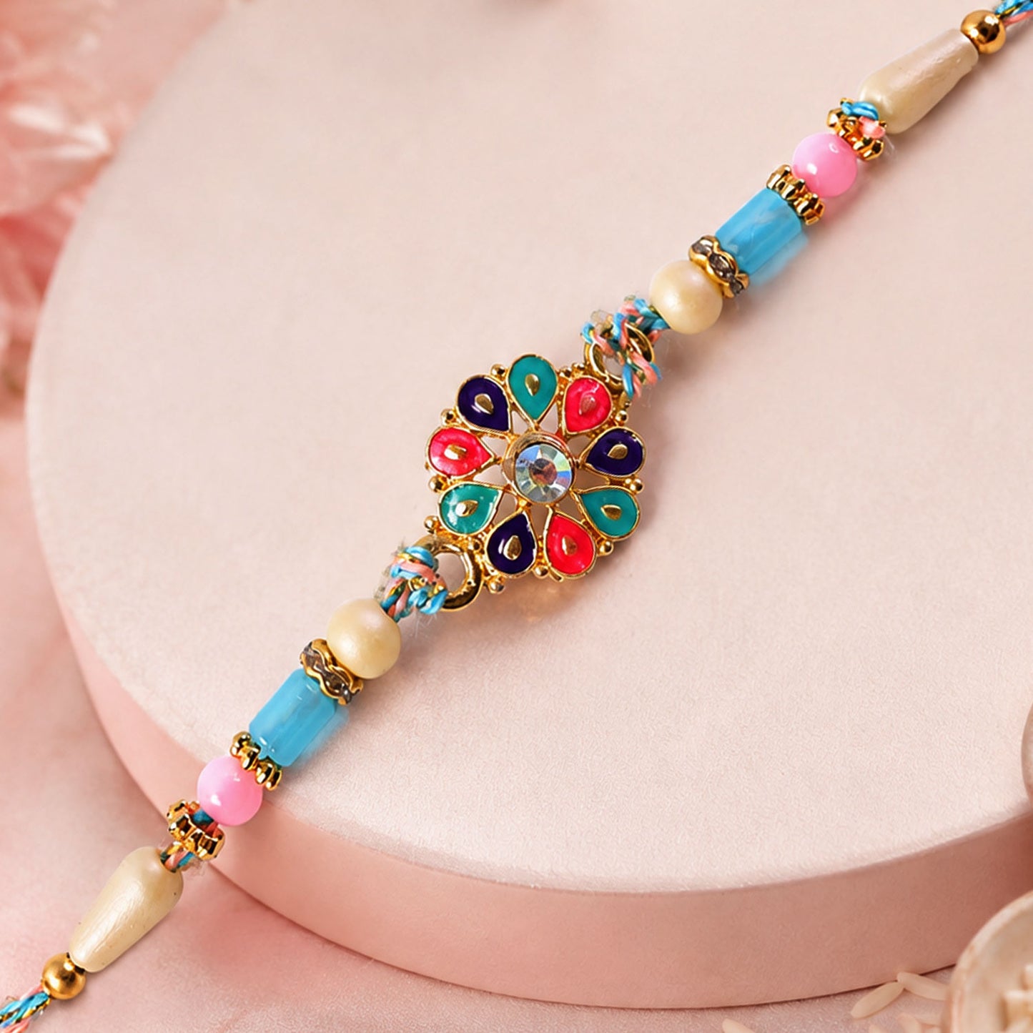 Multicolor Floral Kundan Pendant Rakhi with Pastel Beads