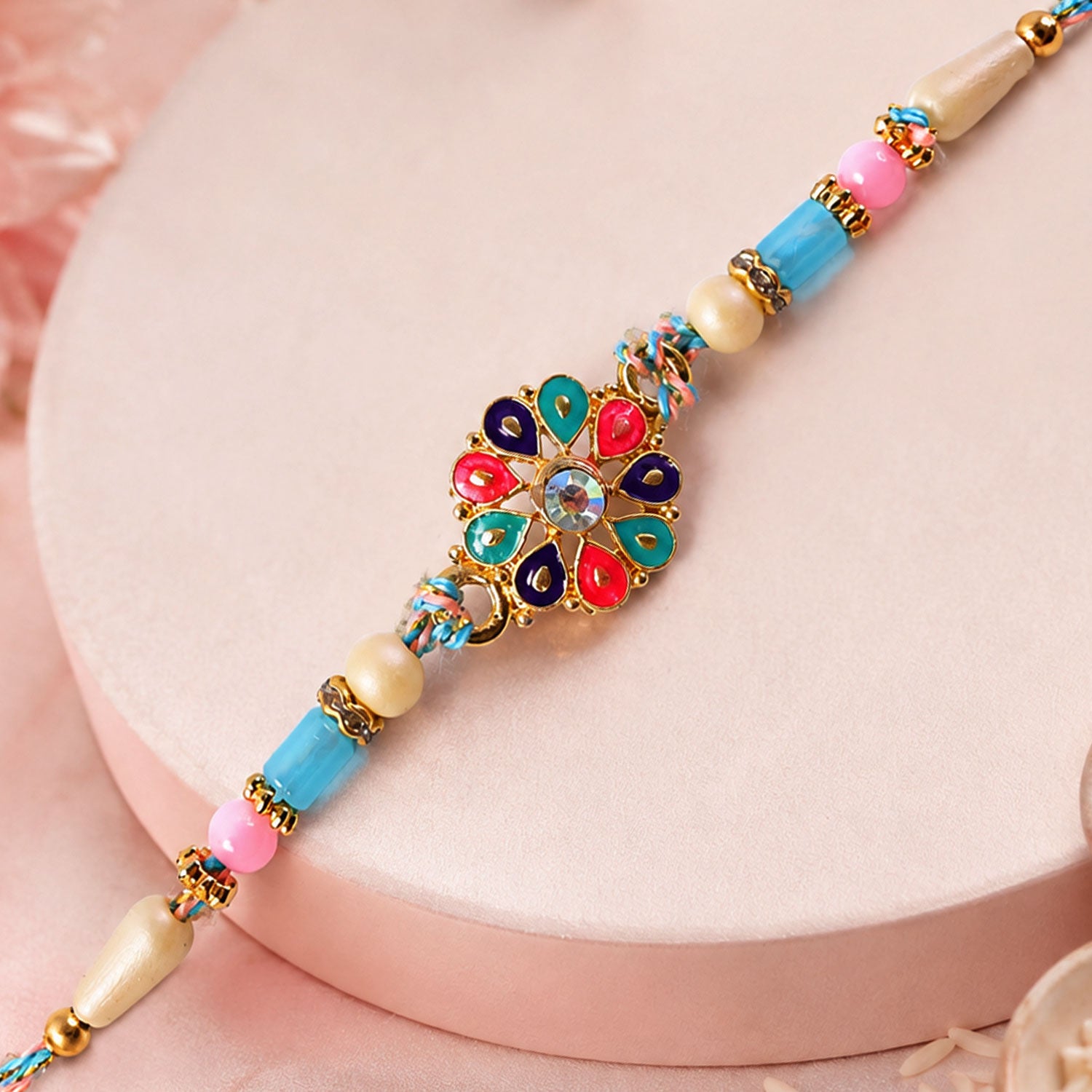 Multicolor Floral Kundan Pendant Rakhi with Pastel Beads