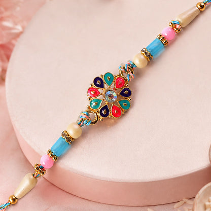 Multicolor Floral Kundan Pendant Rakhi with Pastel Beads