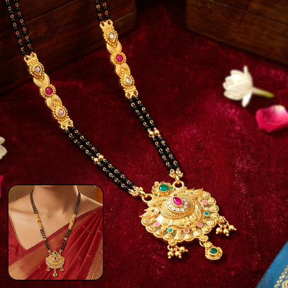Antique Finish Lotus Peacock Fan Pendant with Multi-Petal Enamel Extra Long Double Strand Mangalsutra