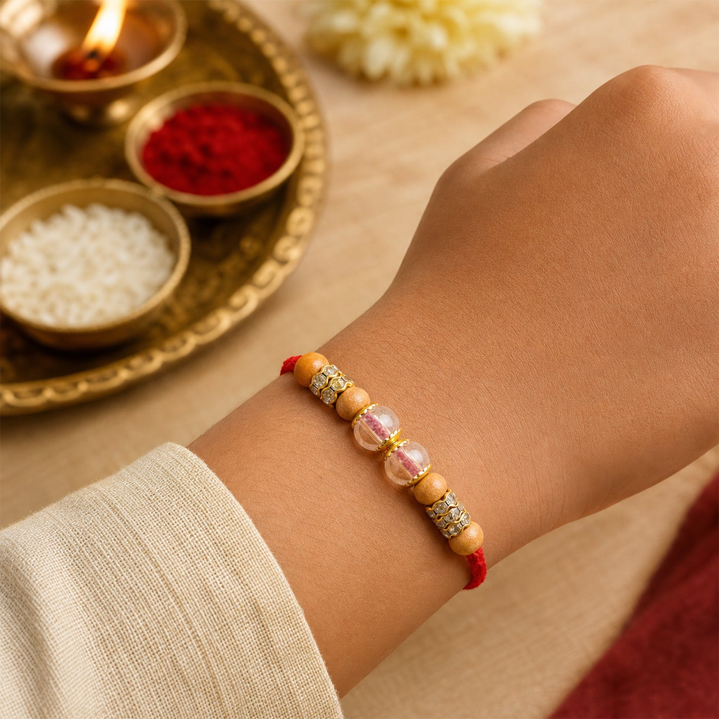 Red Thread Rakhi with Wooden Bead and Dusty-Pink Crystal Accents