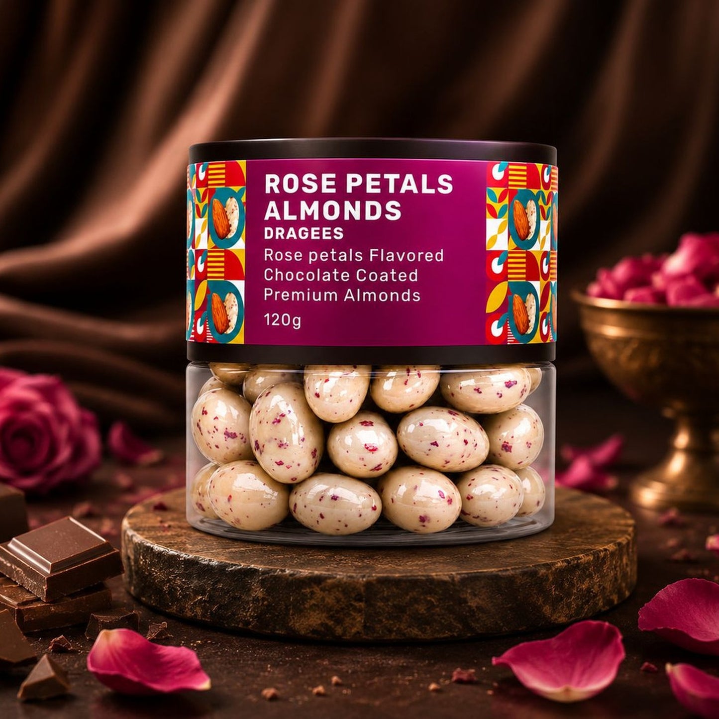 The Oracle Rose Petal Almond Dragees jar with its distinctive brand label visible.