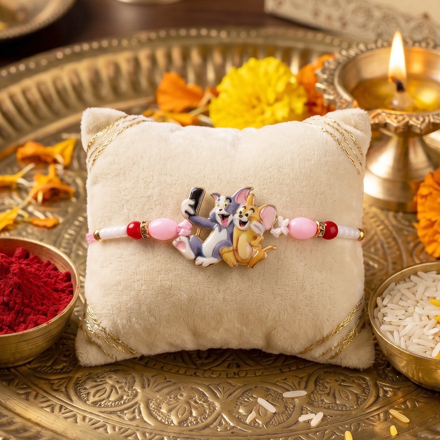 Cute Cartoon Cat and Mouse Selfie Kids Rakhi