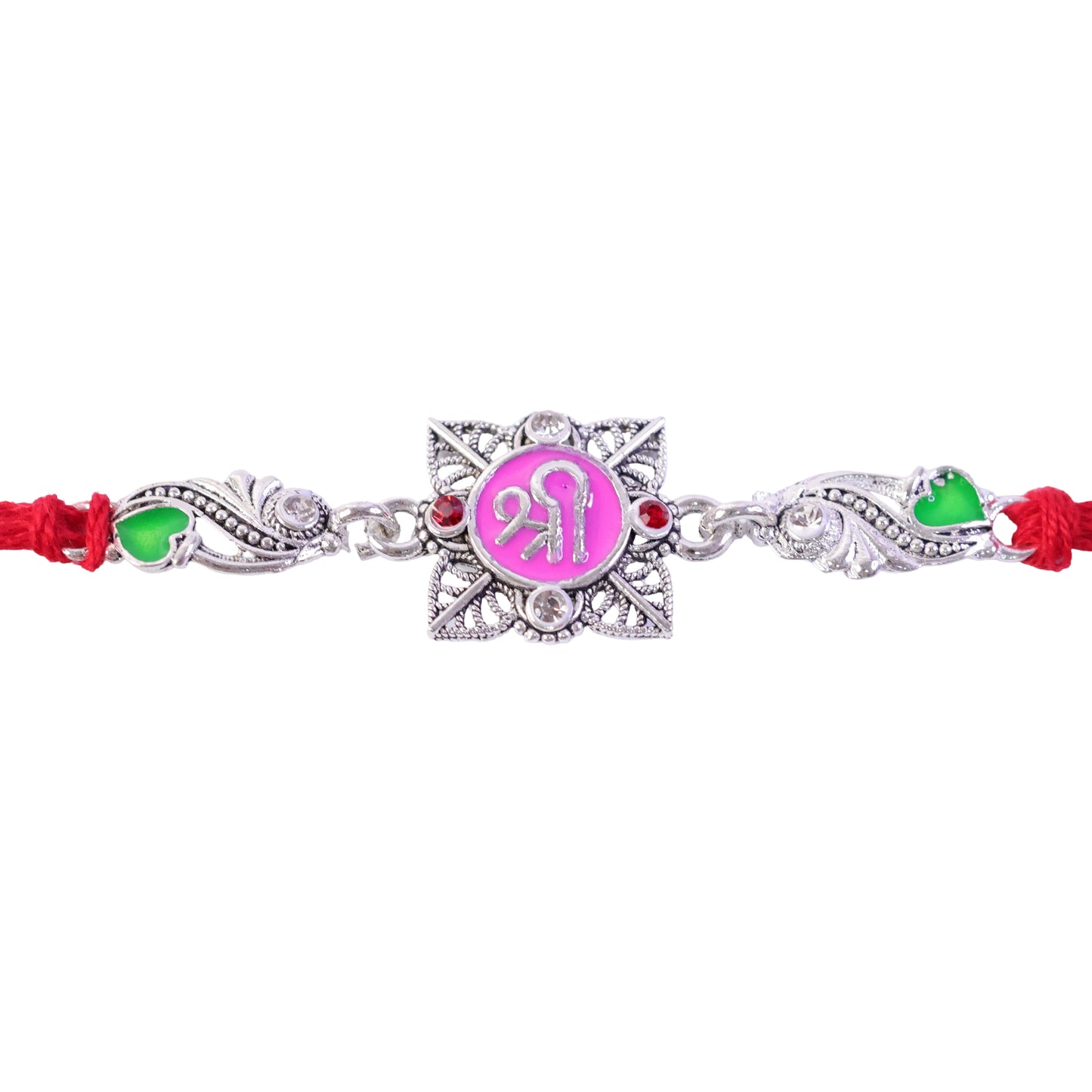 Silver-Toned Shree Rakhi with Pink Enamel, Crystal Accents & Designer Red Thread