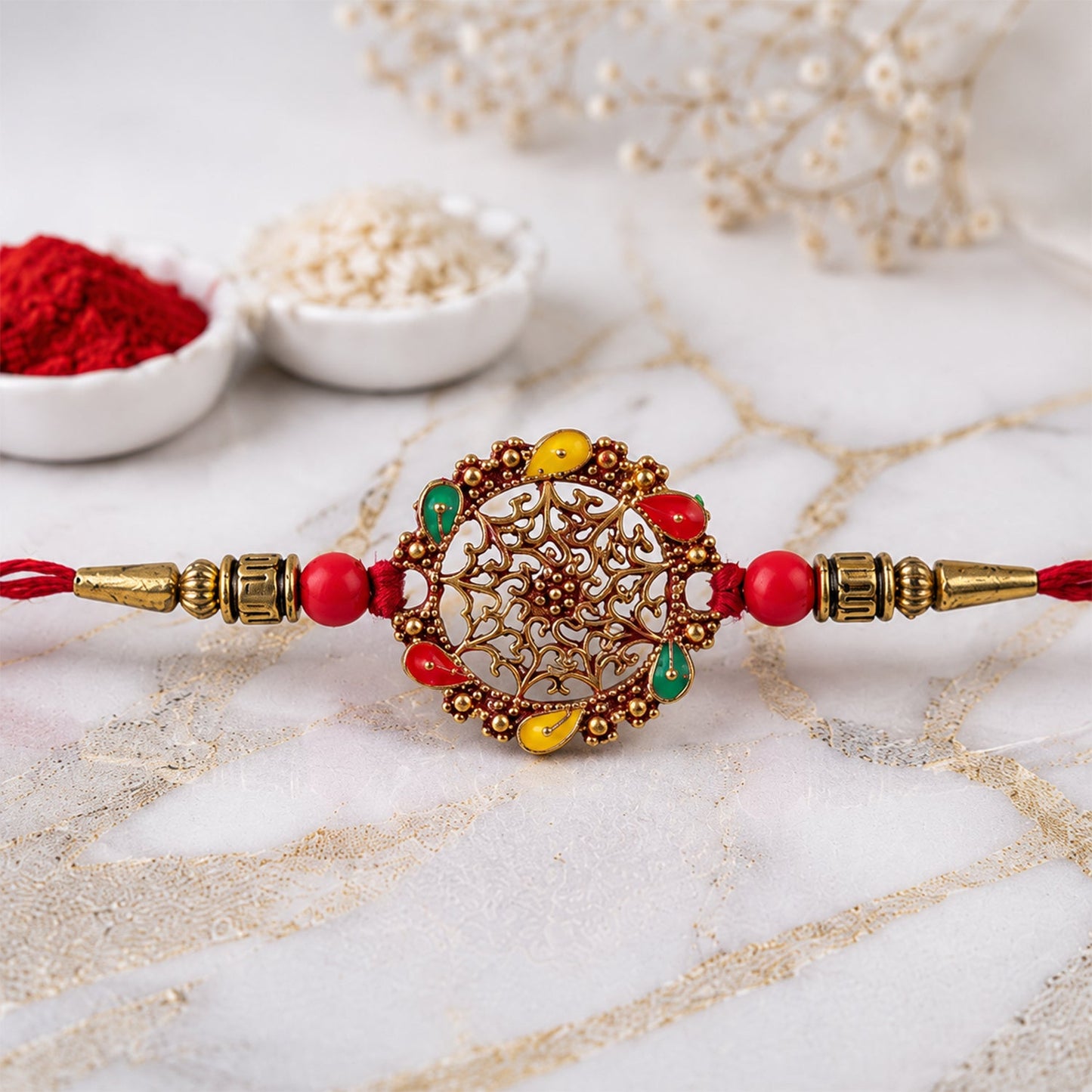 Circular Rakhi with Multicolor Accents, Elegant Raksha Bandhan Gift (10pcs)