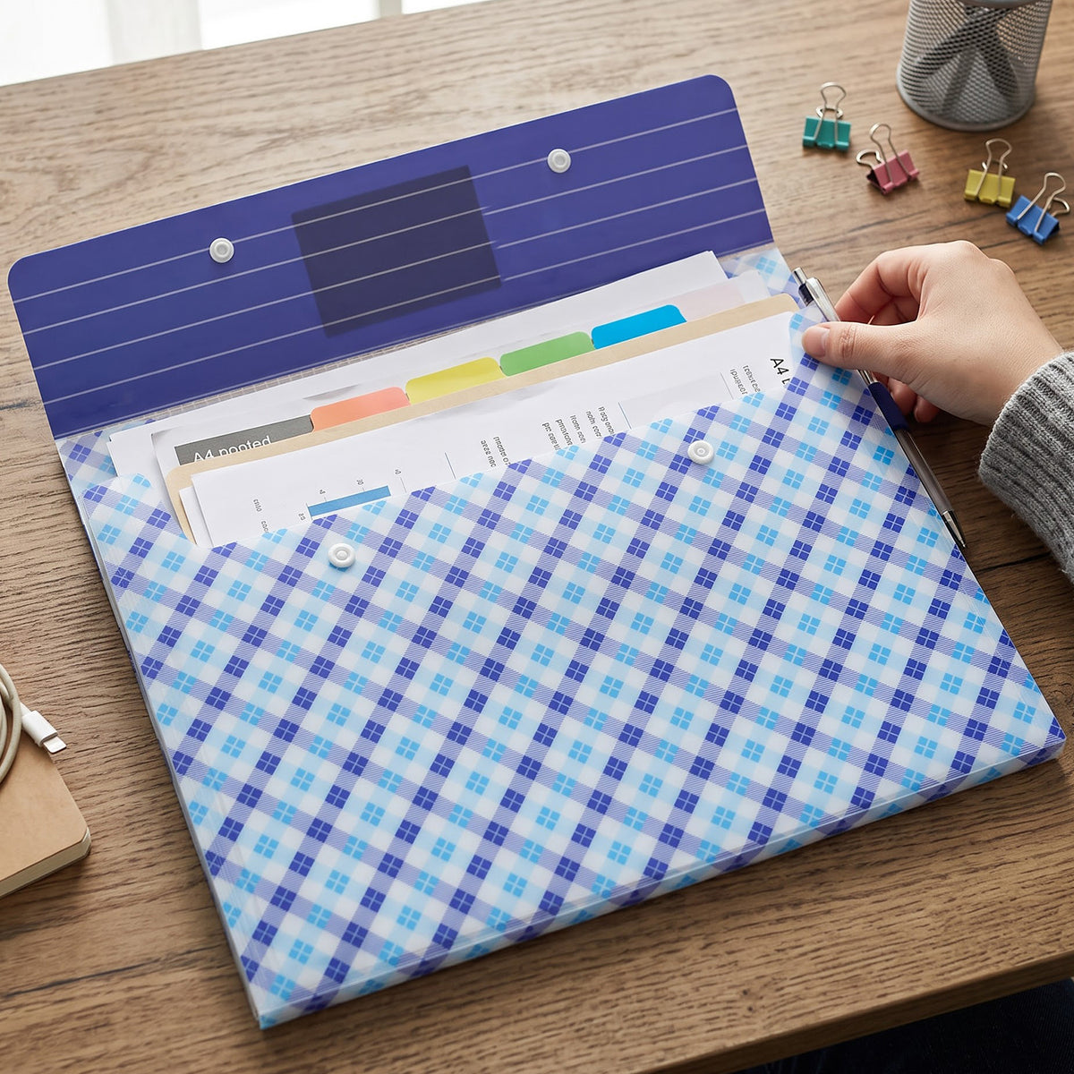 A4 Document File Folder with Button Closure & Label Pocket for Office and School (1 Pc, Mix Colour)