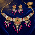 Golden-Plated Peacock Pearl Chick Choker Set with Pink Stones & Bead Drops