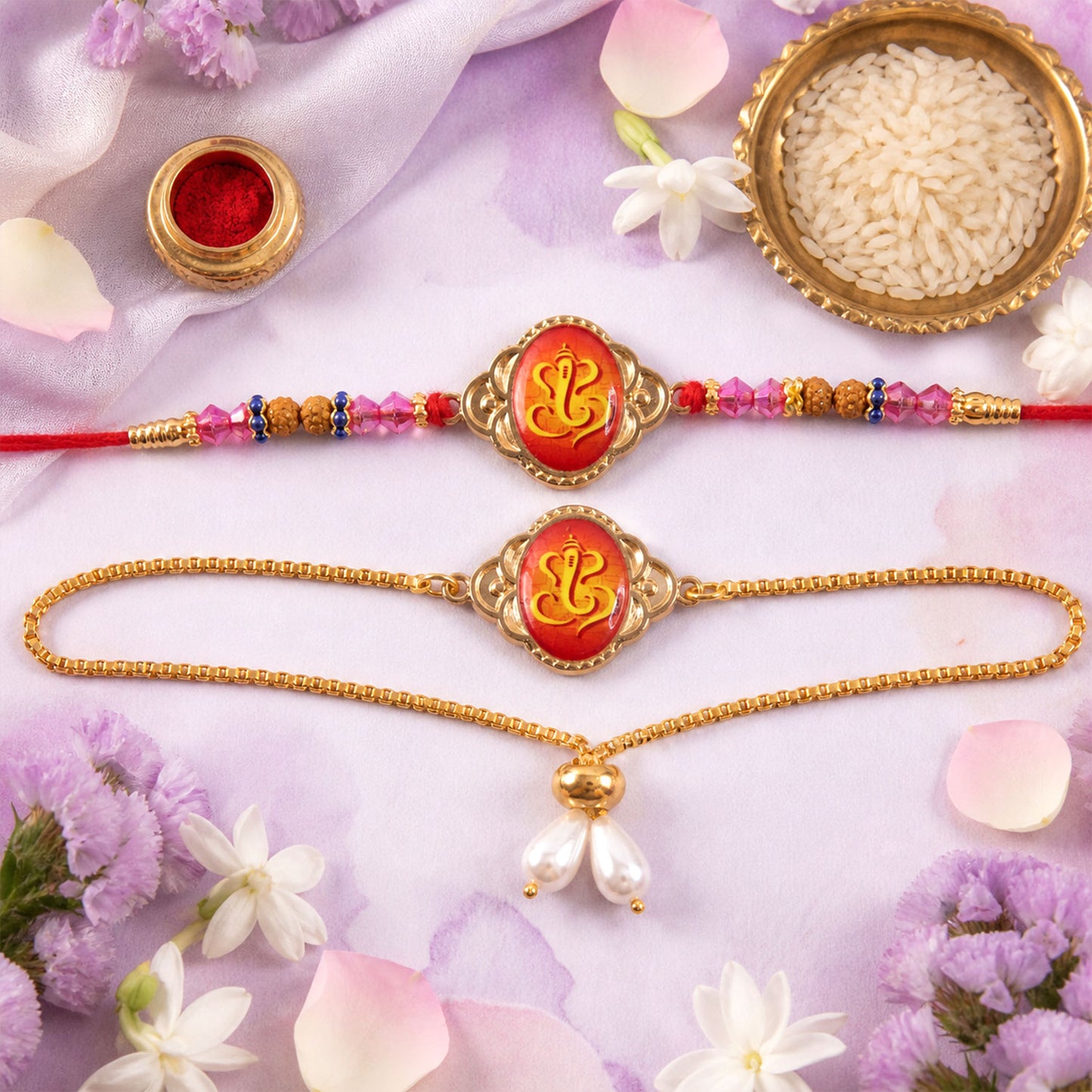 Ganesh Printed Motif Oval Floral Frame Rudraksha Beads Bhai Bhabhi Rakhi Lumba Set