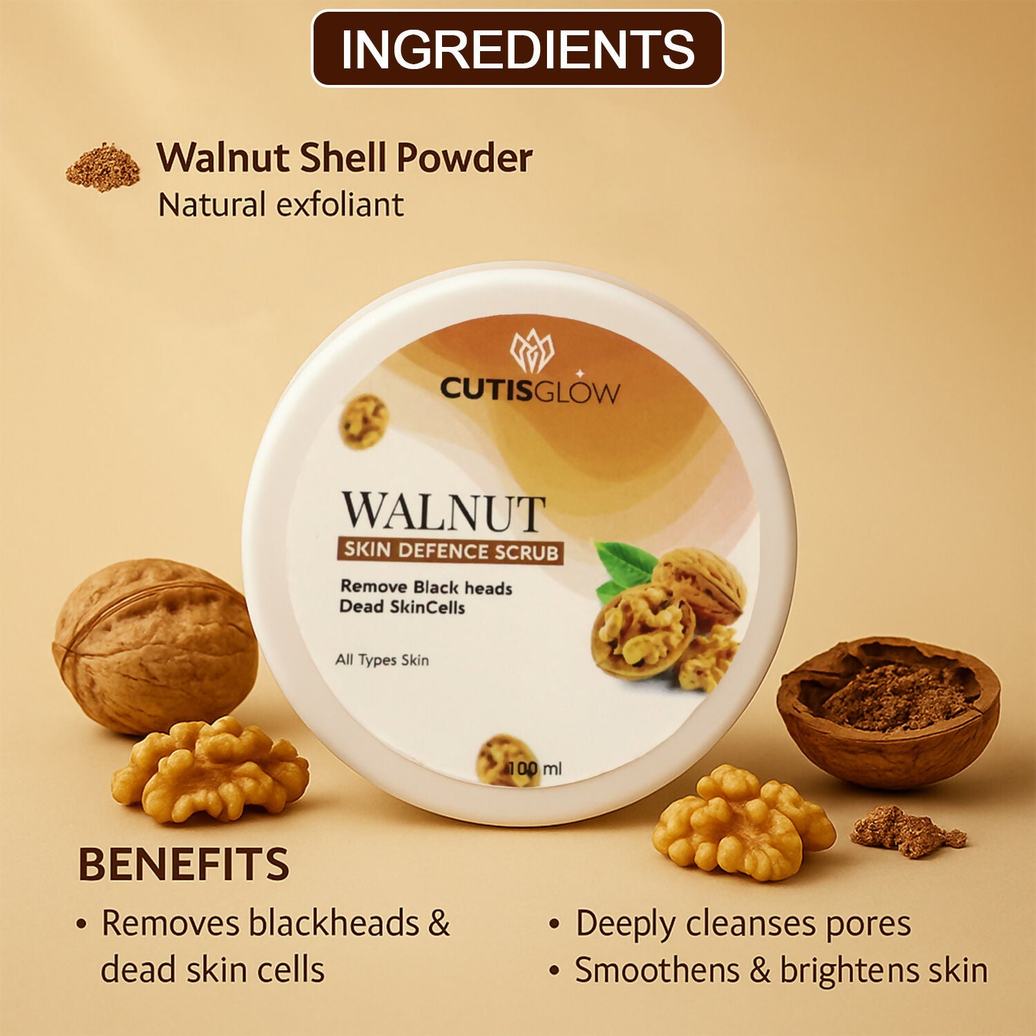Eyelet Walnut Skin Defence Scrub – Exfoliating Face & Body Scrub for Blackhead Removal, Dead Skin Cell Cleansing & Smooth Radiant Skin (100ml)