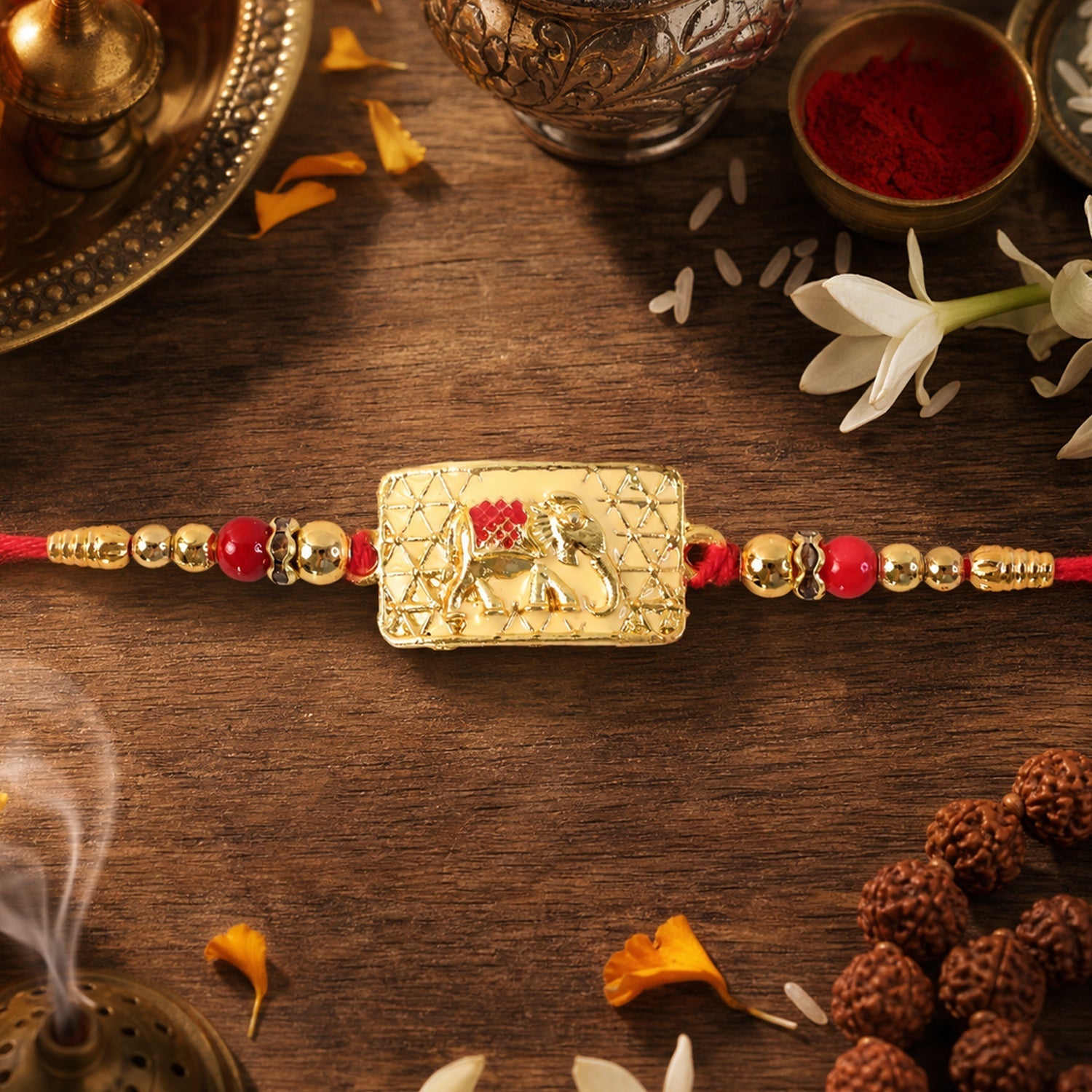 Golden Rectangle Elephant Motif Designer Rakhi for Brothers (5pcs)