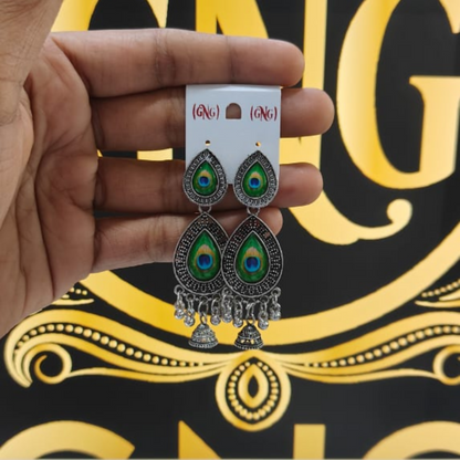 Peacock Feather Silver Look Drop Jhumka Earings