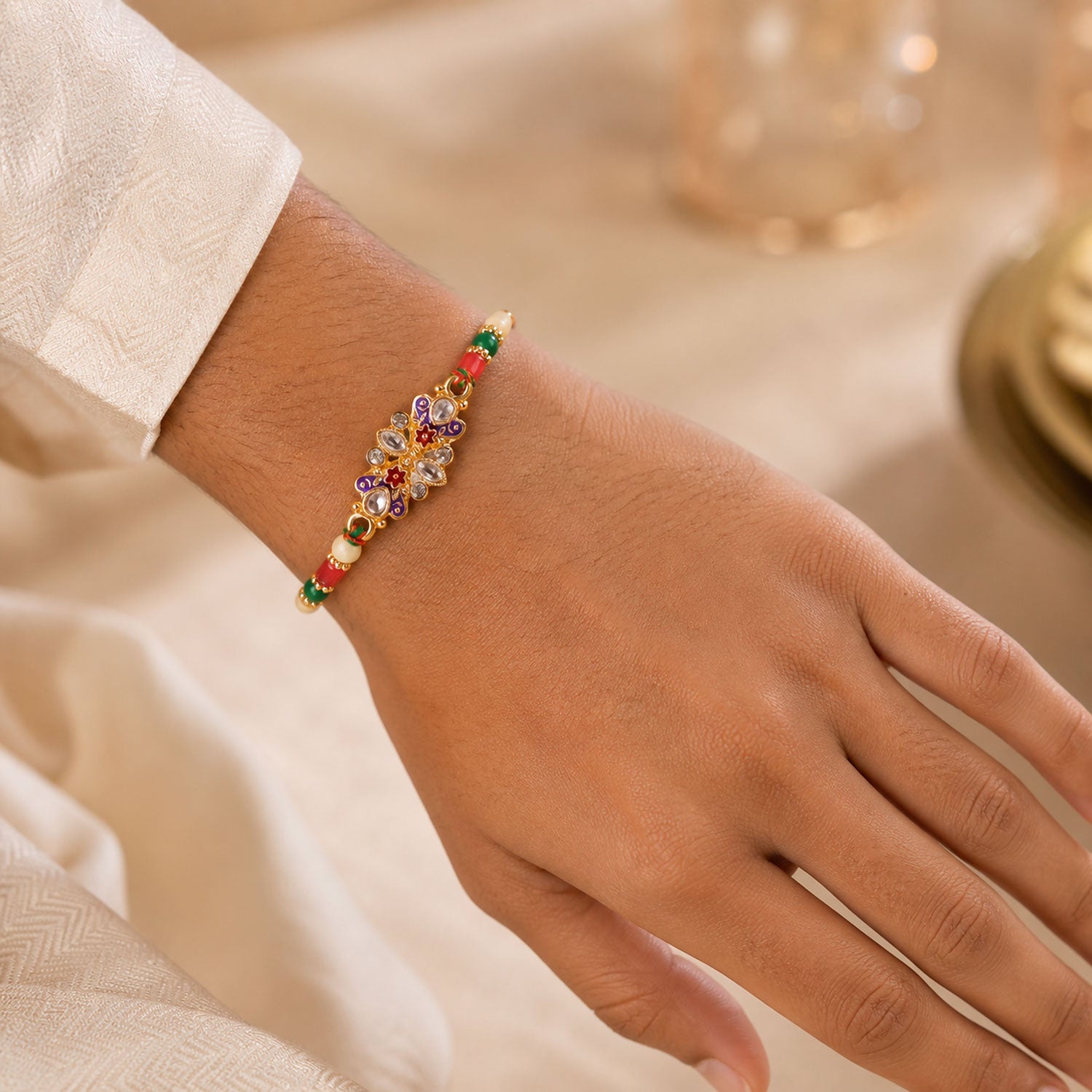 Designer Rakhi with Ornate Floral Medallion, bead line and gift style for Gift Use