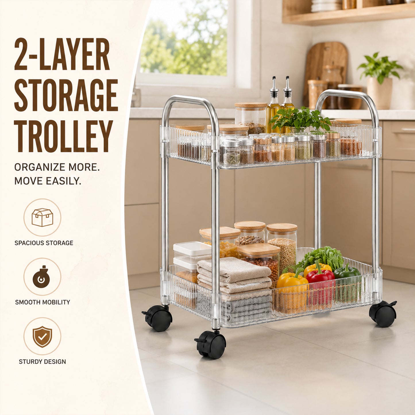 2 Layer Storage Trolley with Wheels – Compact & Movable Organizer