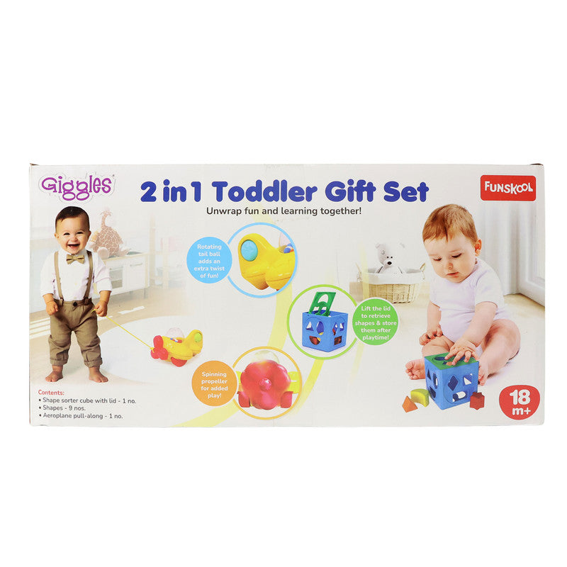 Funskool Giggles 2-in-1 Toddler Gift Set – Shape Sorter Cube & Pull-Along Plane Toy for Early Learning