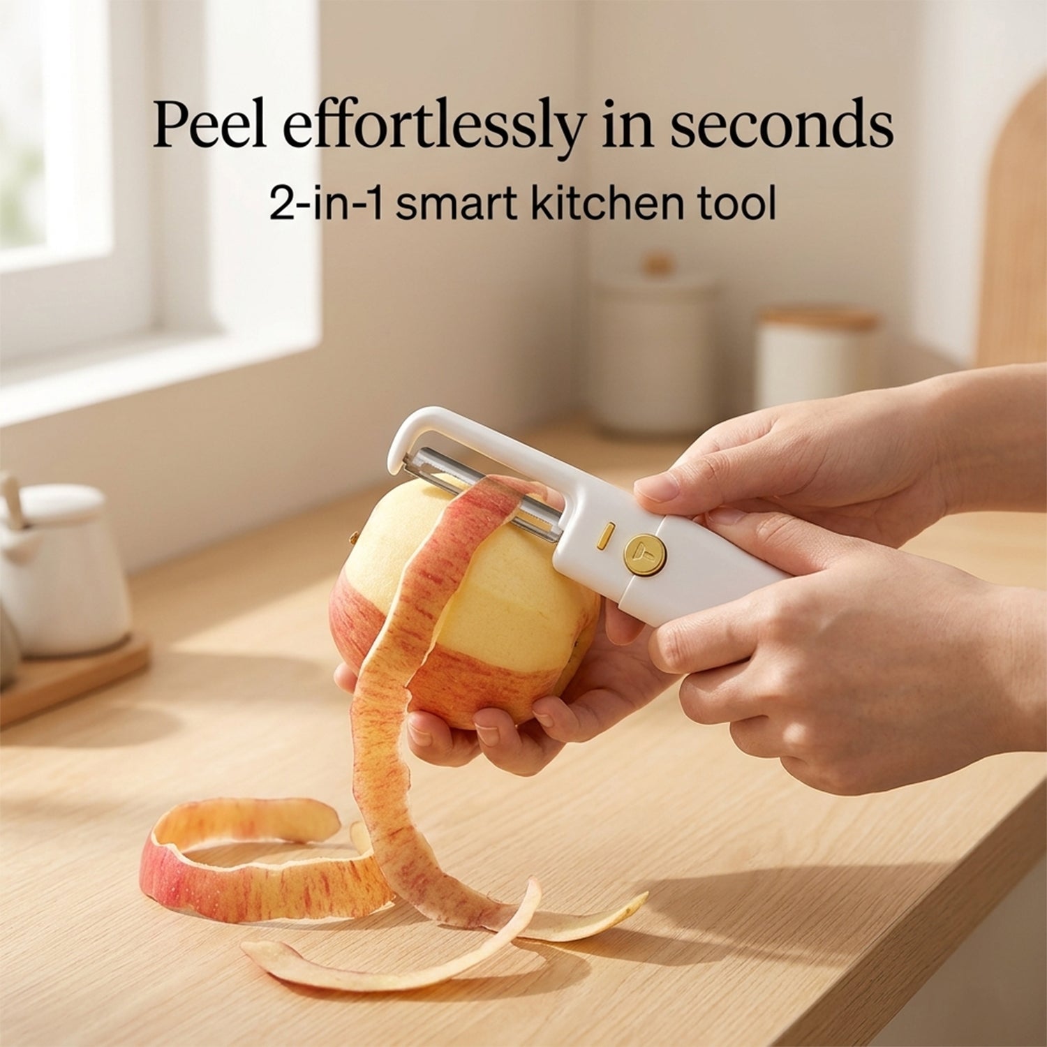 Close-up of 2-in-1 kitchen knife and sawtooth peeler on white background