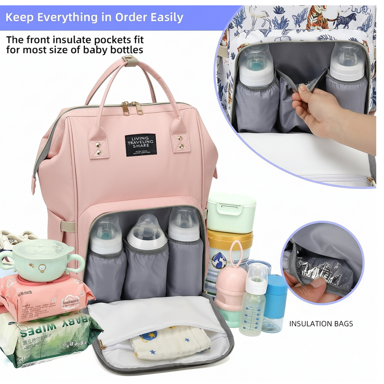 Multifunction Diaper Bag Backpack for Baby Care & Travel, Large Capacity Baby Changing Bag with Multiple Compartments, Lightweight & Durable Mother Baby Organizer Bag, 1 Pc, Assorted Blue/Pink/Peach - Daiper Bag - Image 3