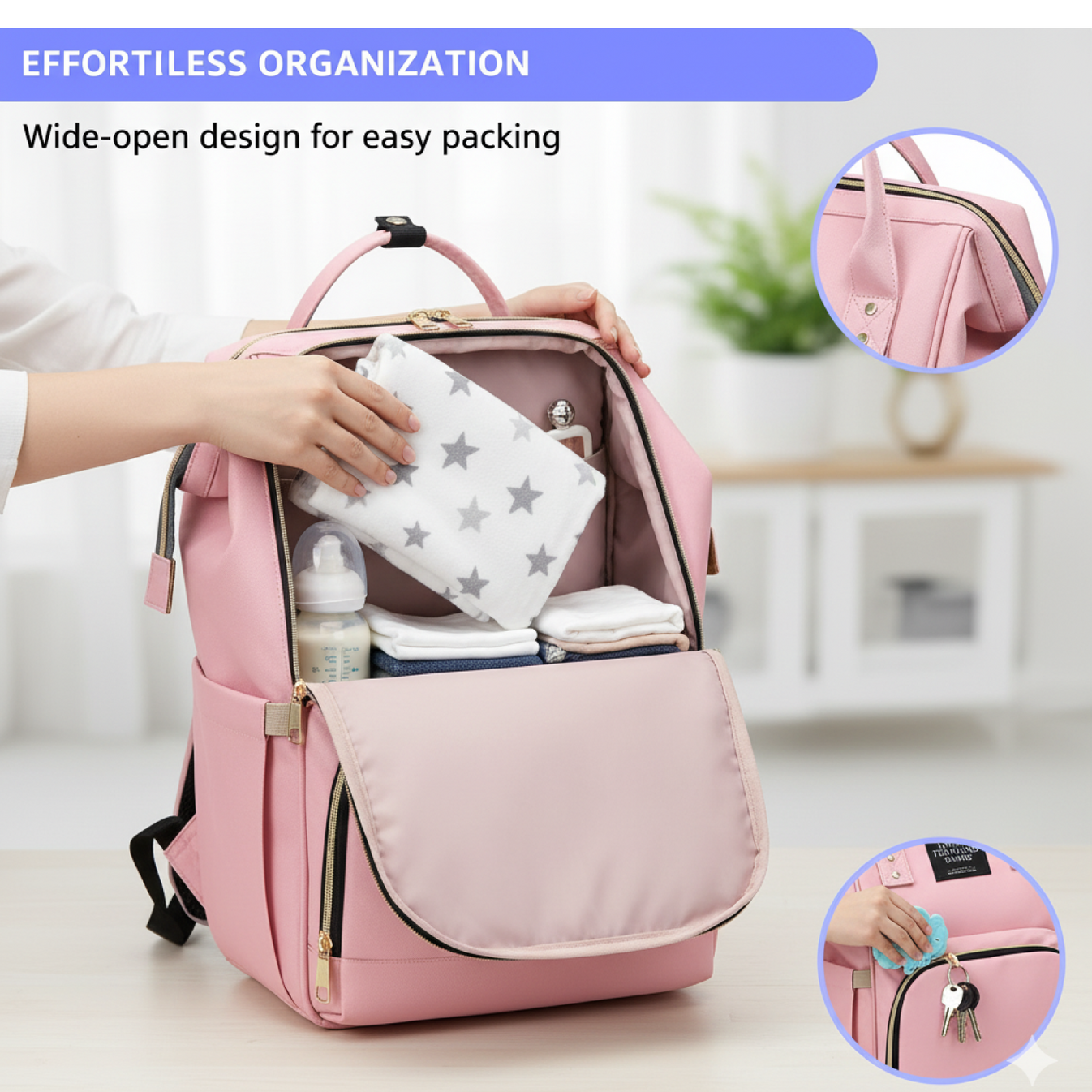 Multifunction Diaper Bag Backpack for Baby Care & Travel, Large Capacity Baby Changing Bag with Multiple Compartments, Lightweight & Durable Mother Baby Organizer Bag, 1 Pc, Assorted Blue/Pink/Peach - Daiper Bag - Image 4