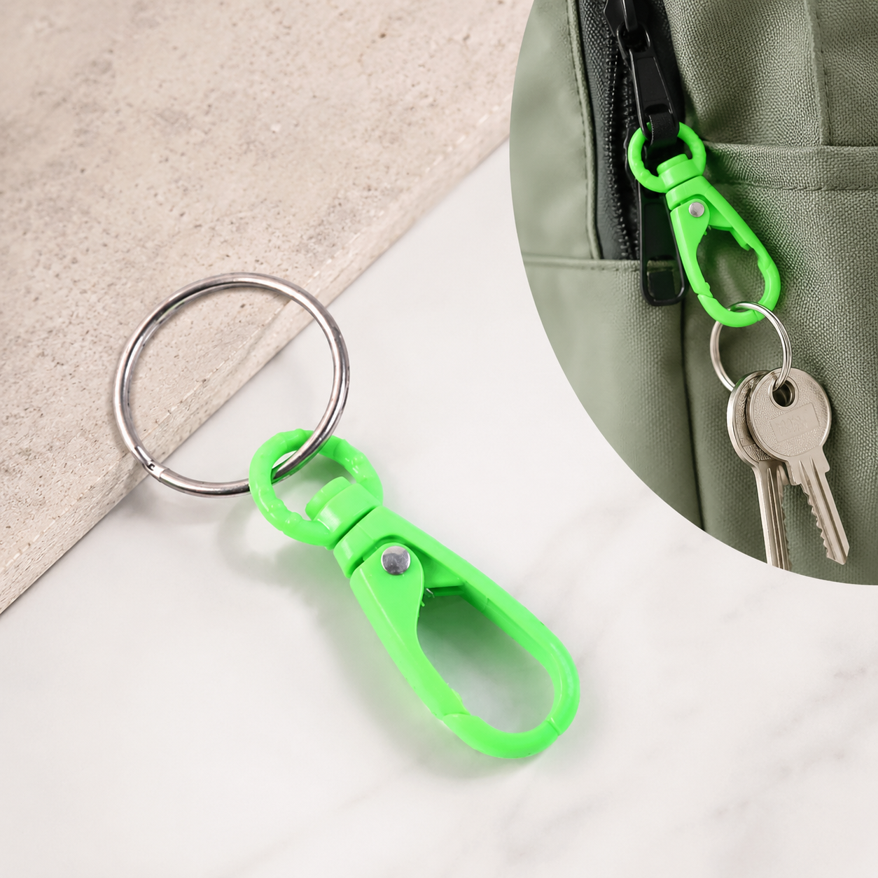 A bright green plastic carabiner keychain with a silver ring and keys attached to a green backpack zipper.