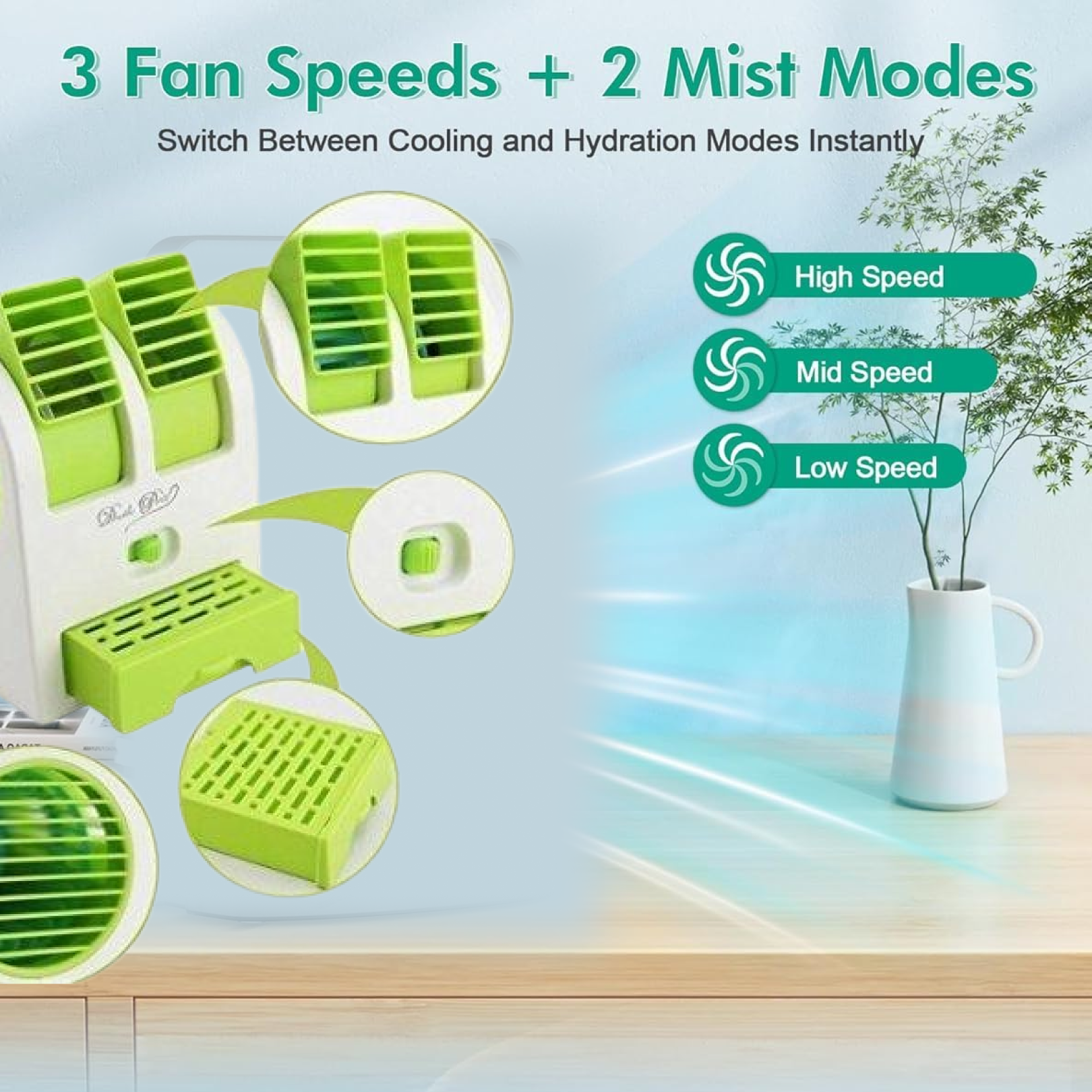 Diagram showing mini air conditioner features and specs