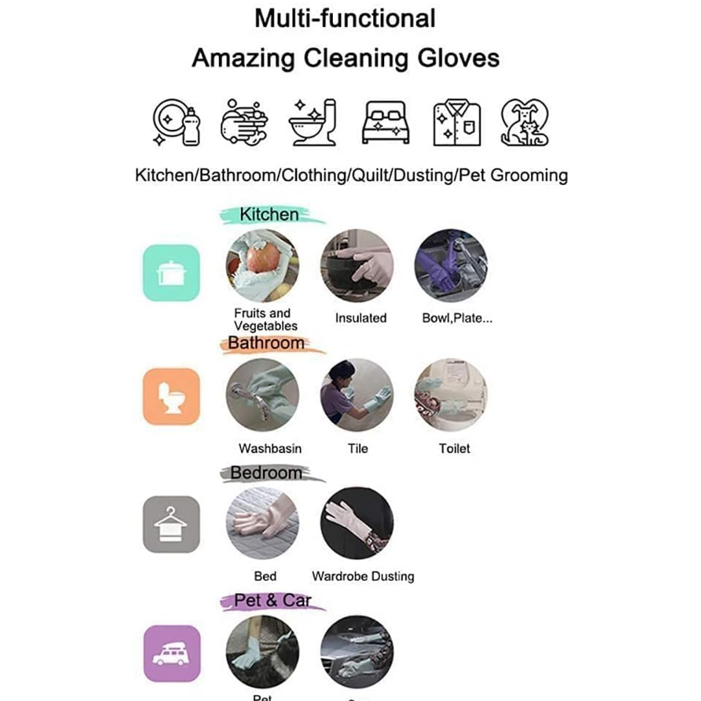 पुन: प्रयोज्य सिलिकॉन सफाई ब्रश स्क्रबर दस्ताने (बहुरंगी) 