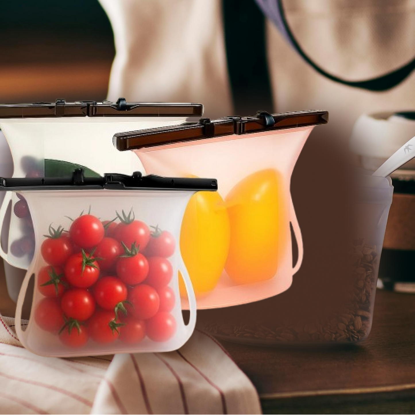 पर्यावरण अनुकूल खाद्य भंडारण: पुन: प्रयोज्य सिलिकॉन बैग (3-पैक) - रिसाव रहित और सुरक्षित