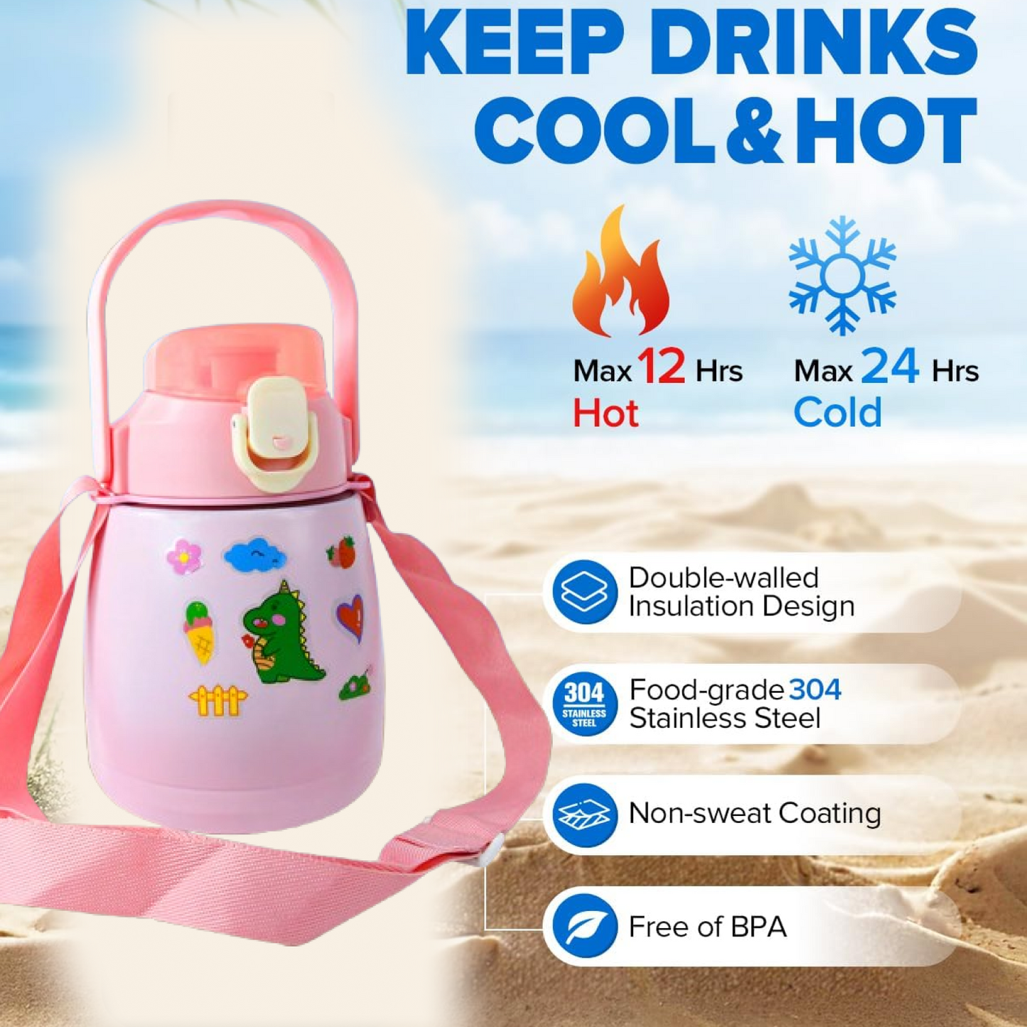 Customize Stainless Steel Vacuum Insulated Water Bottle with Handle & Sticker (700 ML)