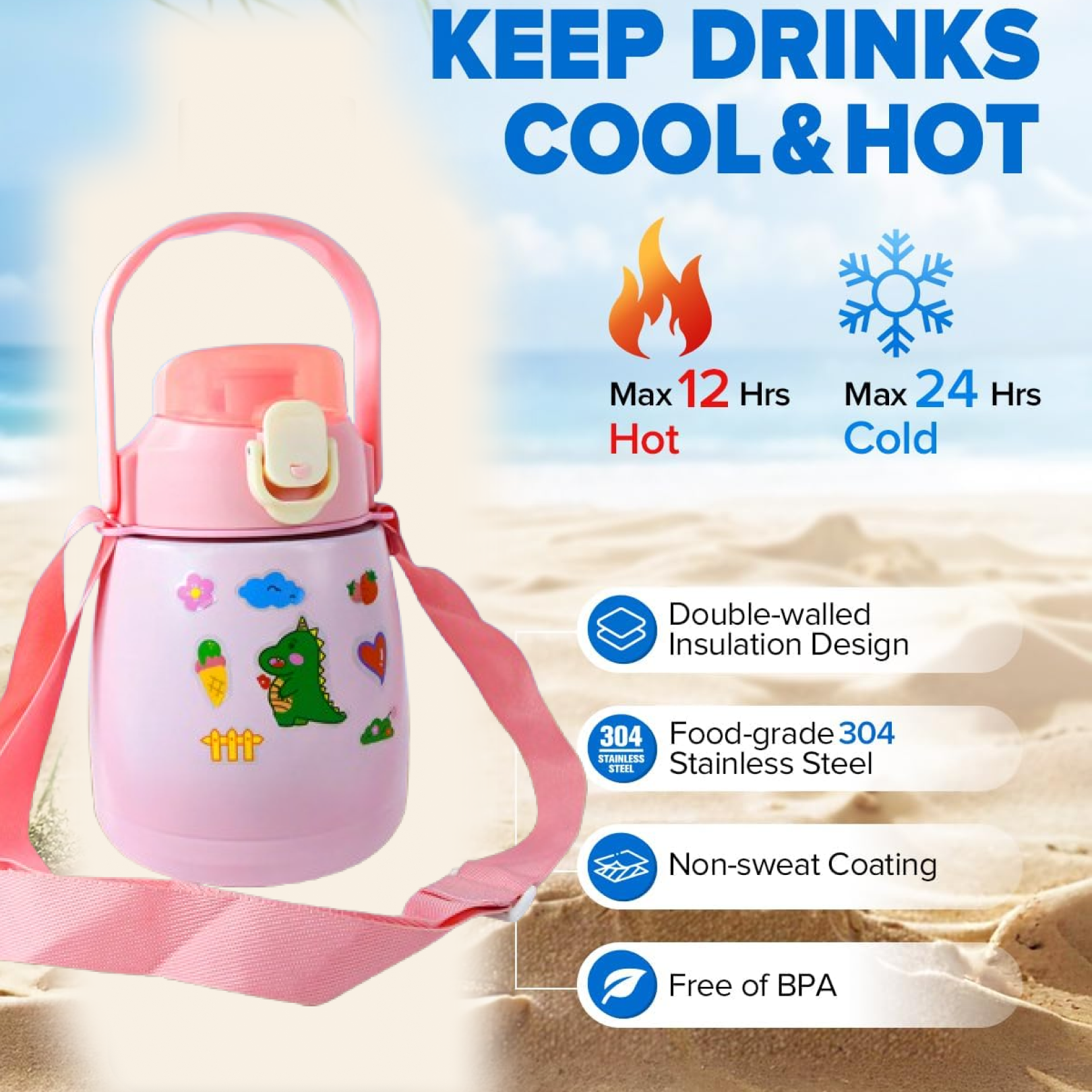 Customize Stainless Steel Vacuum Insulated Water Bottle with Handle & Sticker (700 ML)