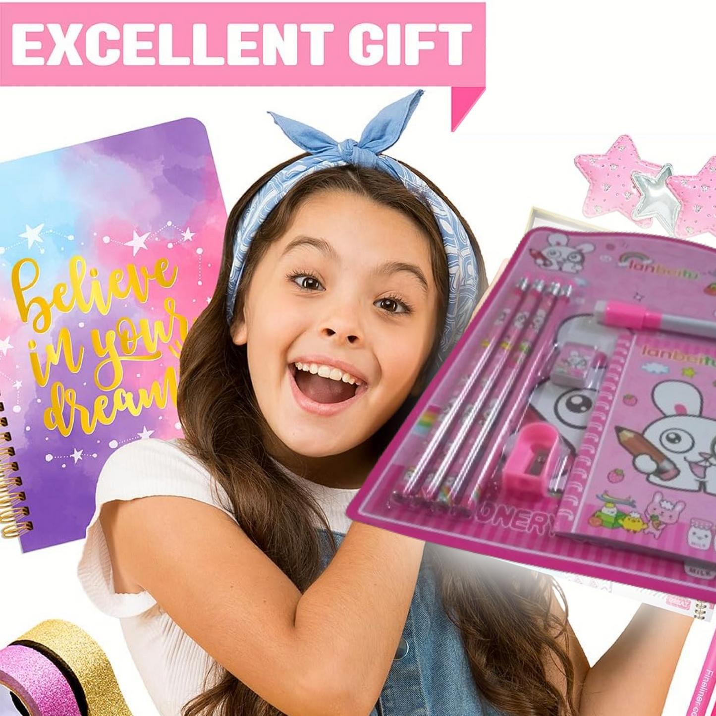 4299 બાળકો માટે સ્ટેશનરી કીટ - સ્ટેશનરી સેટ, જેમાં લાકડાની પેન્સિલ, શાર્પનર, પેન્સિલ અને ઇરેઝર સેટ, નાની ડાયરી સ્કૂલ સપ્લાય સેટ, બાળકો, છોકરાઓ, છોકરીઓ માટે જન્મદિવસની રીટર્ન ગિફ્ટ (8 પીસી સેટ) શામેલ છે.
