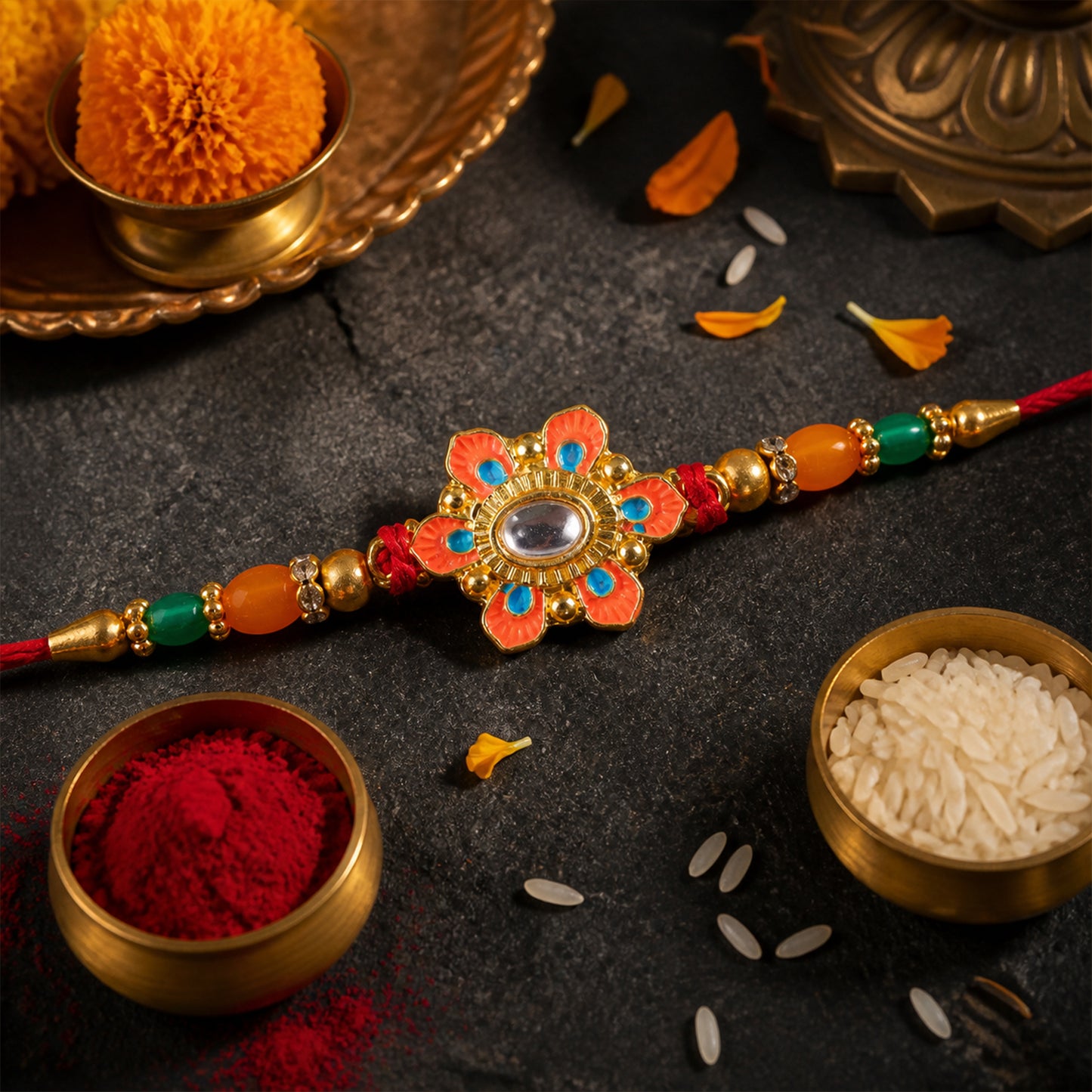 Orange and Teal Floral Kundan Pendant Rakhi with Pastel Beads