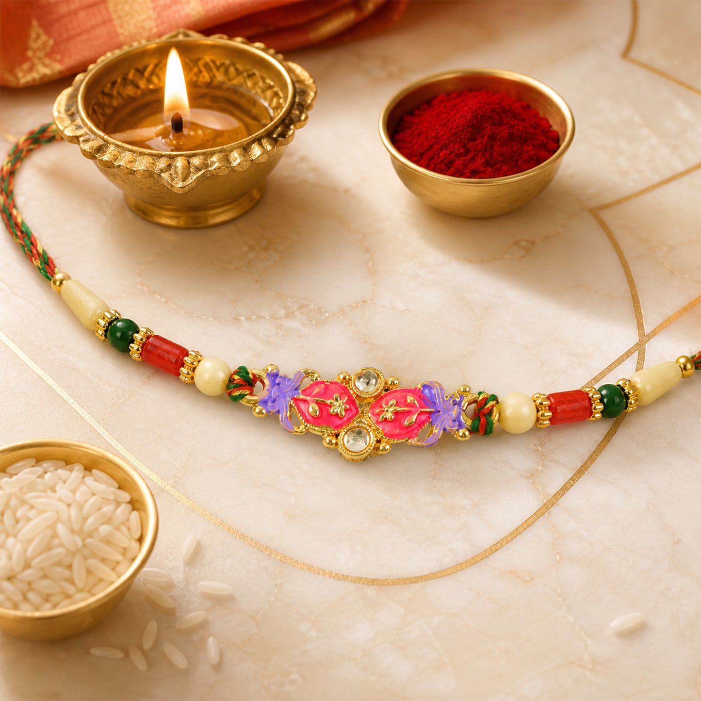 Pink and Purple Flower Kundan Pendant Rakhi with Pastel Beads