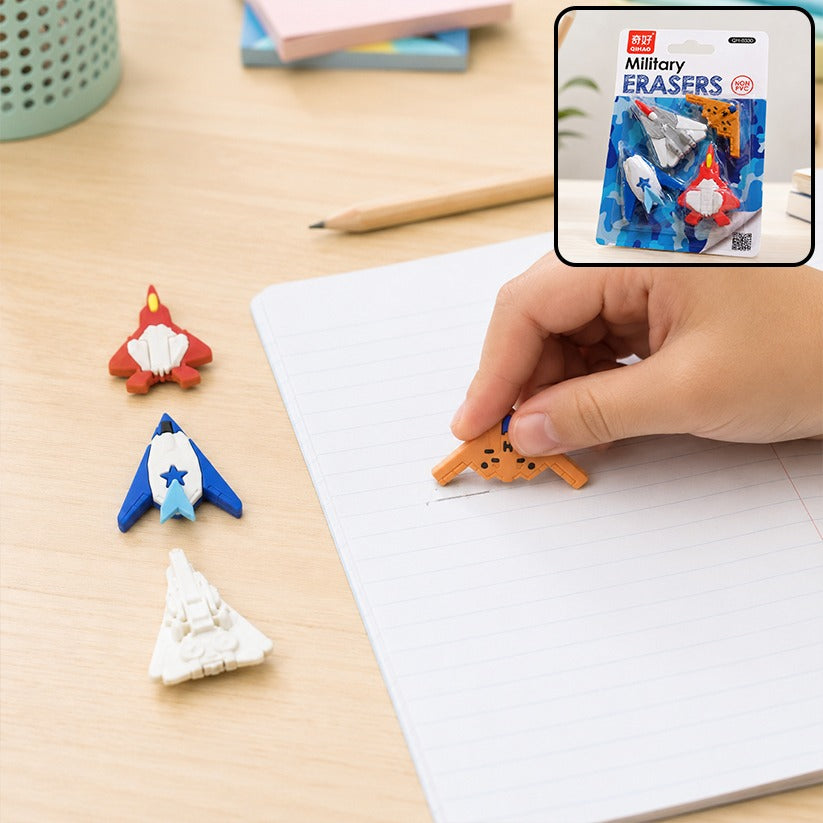 Fun Erasers for Kids – Gun & Plane Shapes (4-Pack) | TinyTrendy
