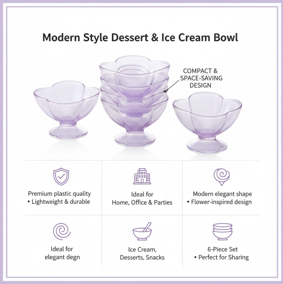 MODERN STYLE DESSERT & ICE CREAM BOWL PLASTIC 6PCS FOR HOME ,OFFICE,PARTY