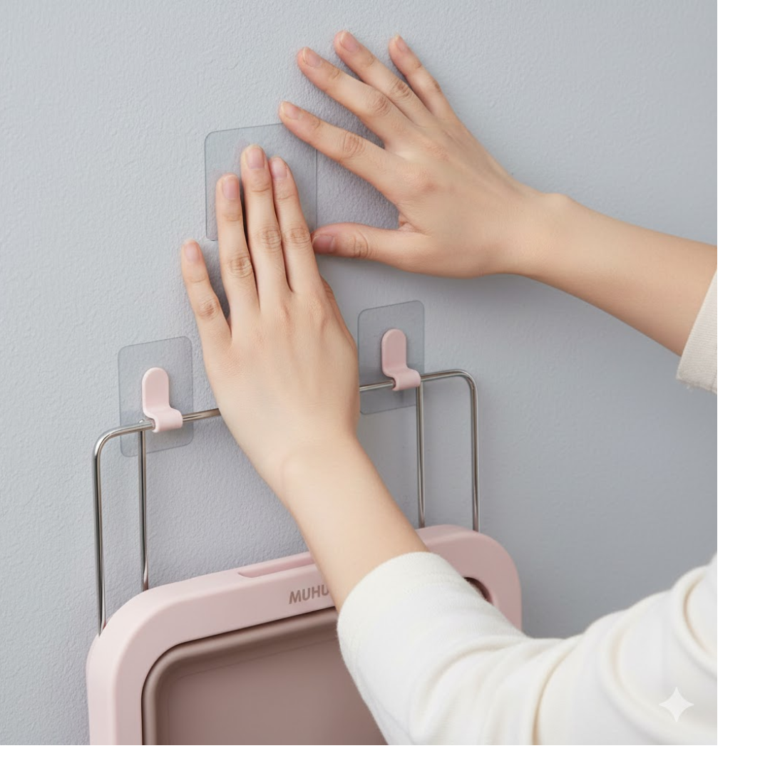 Wall-Mounted Foldable Wash Basin Storage Rack with Self-Adhesive Sticker