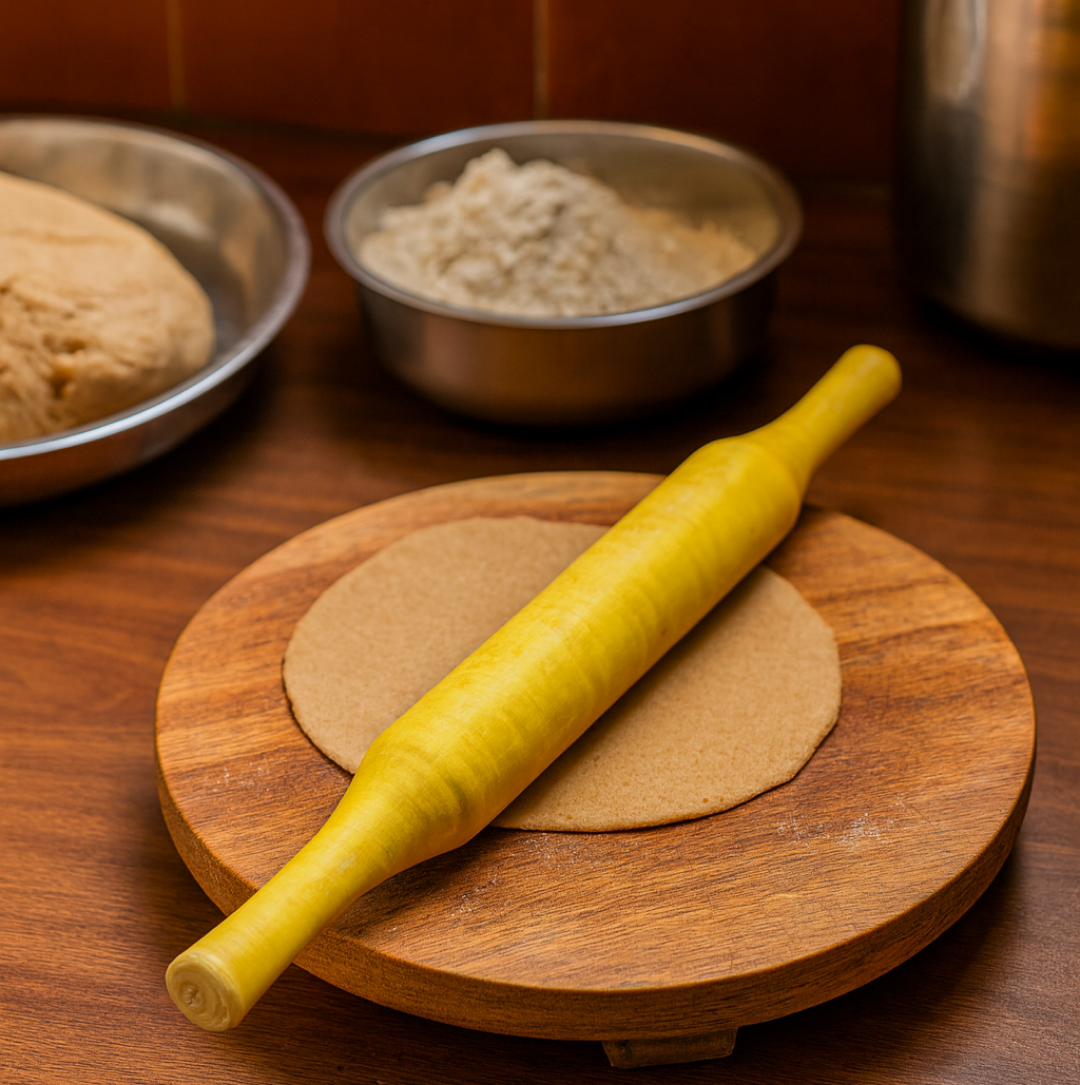 Side angle of wooden Bombay belan kitchen tool