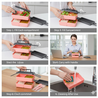 Close-up of the leak-proof lunch box with its internal divider and airtight lid.
