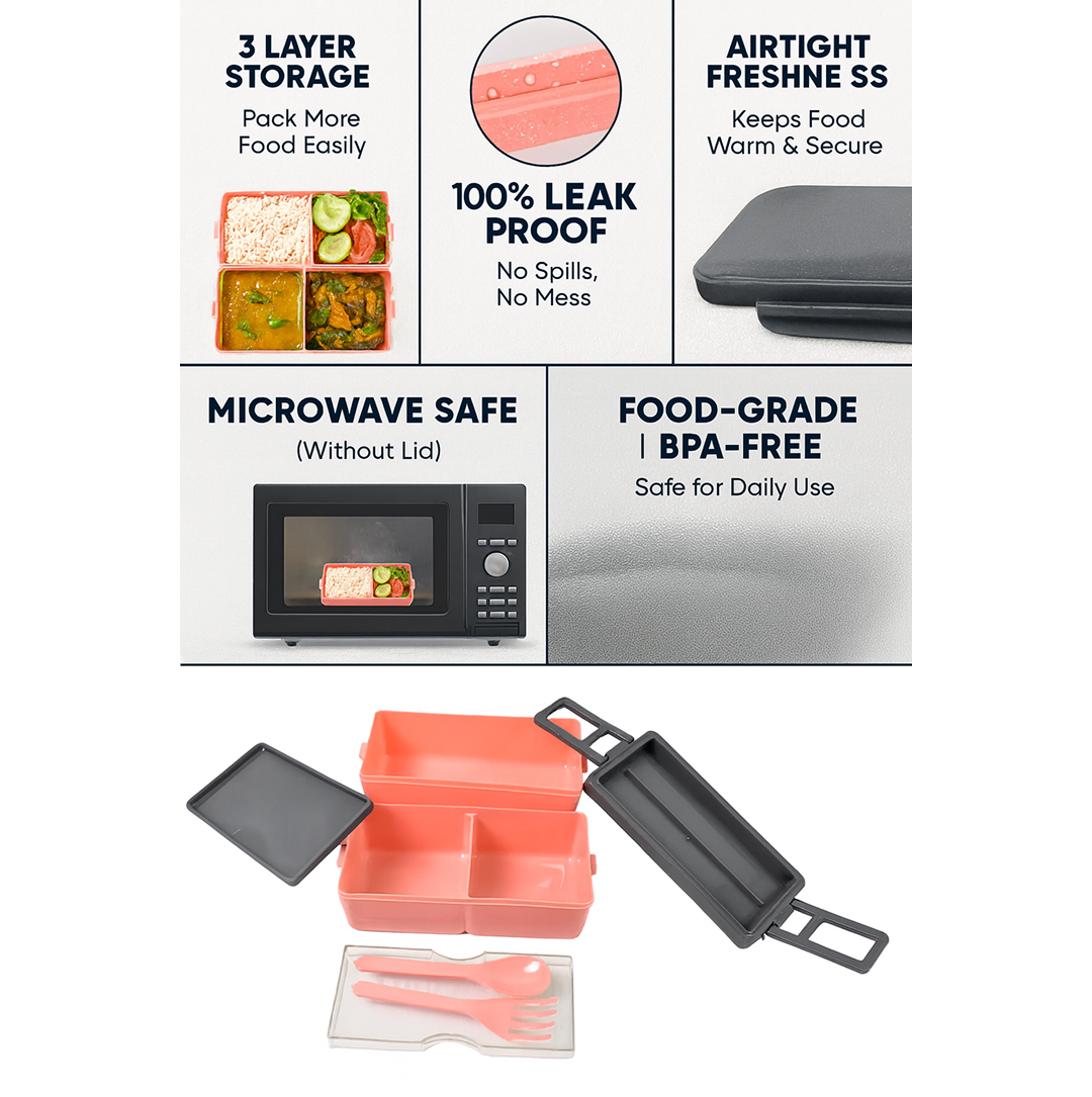 Microwave-safe lunch box with an included spoon and fork, ready for a healthy meal.