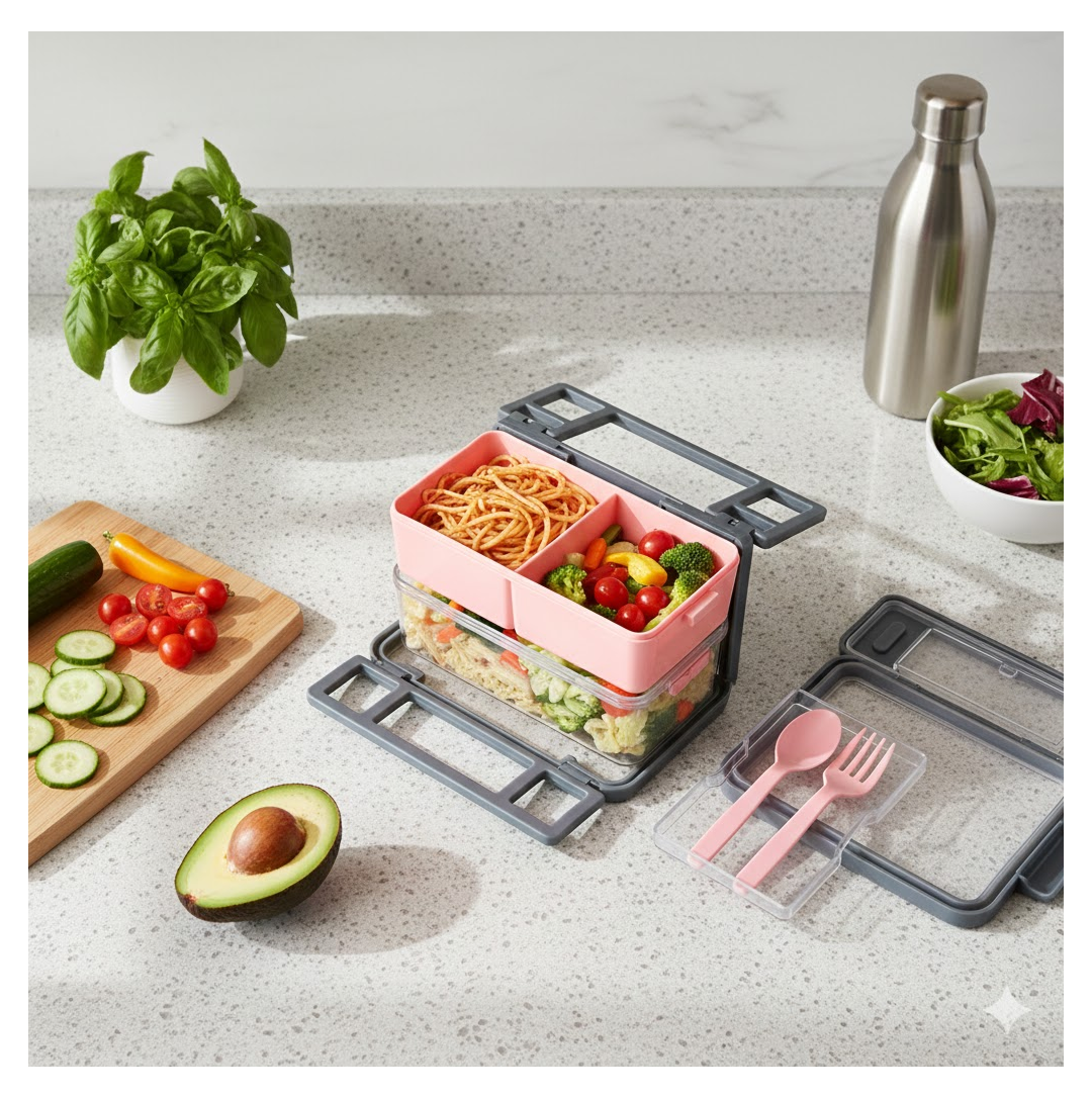 Food-grade plastic lunch box disassembled, showing its easy-to-clean components.