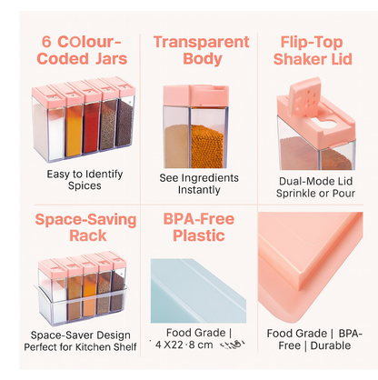 Plastic Spice Jars (6 pcs, 14x22x8cm, Multicolour)