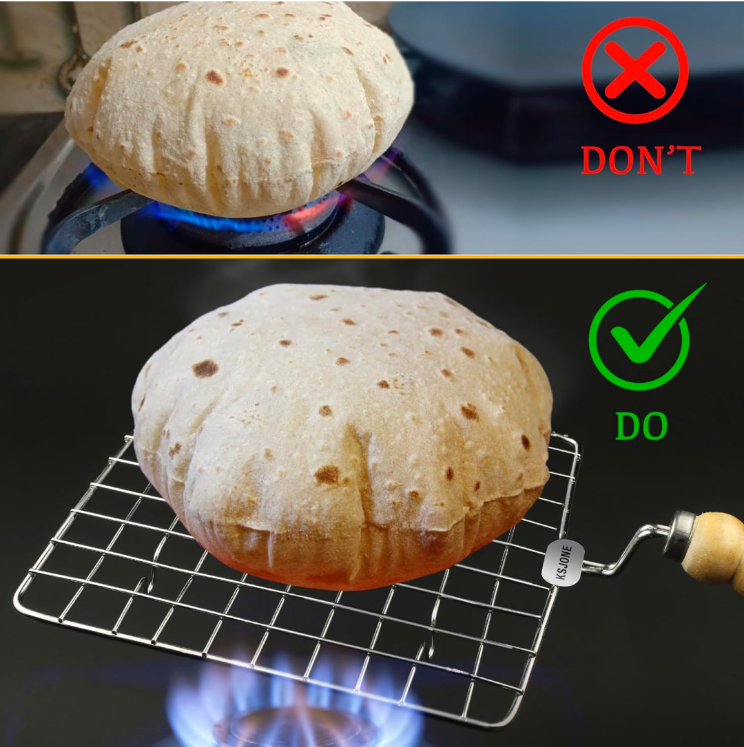 Kitchen Square Stainless Steel Roaster Jali, Barbecue Grill with Wooden Handle